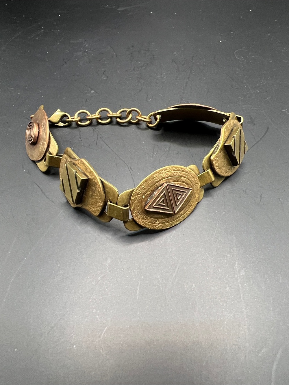 Vintage Geometric Brass Link Bracelet - Gold Tone